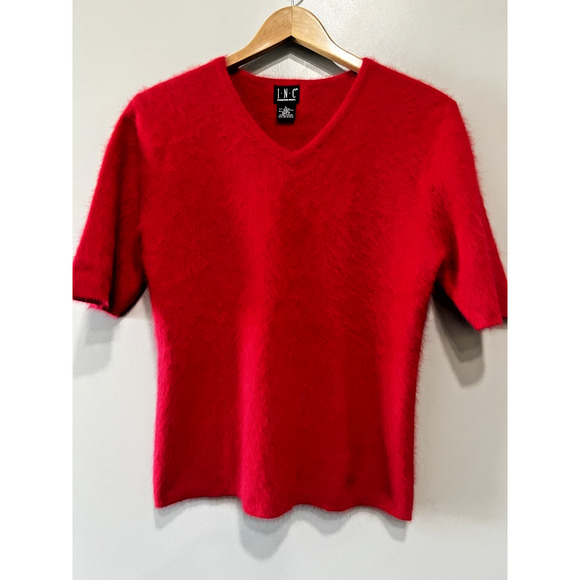 Women’s Red Angora Rabbit Hair fuzzy Soft Short Sleeve Sweater made in UK Size-L - Picture 1 of 4